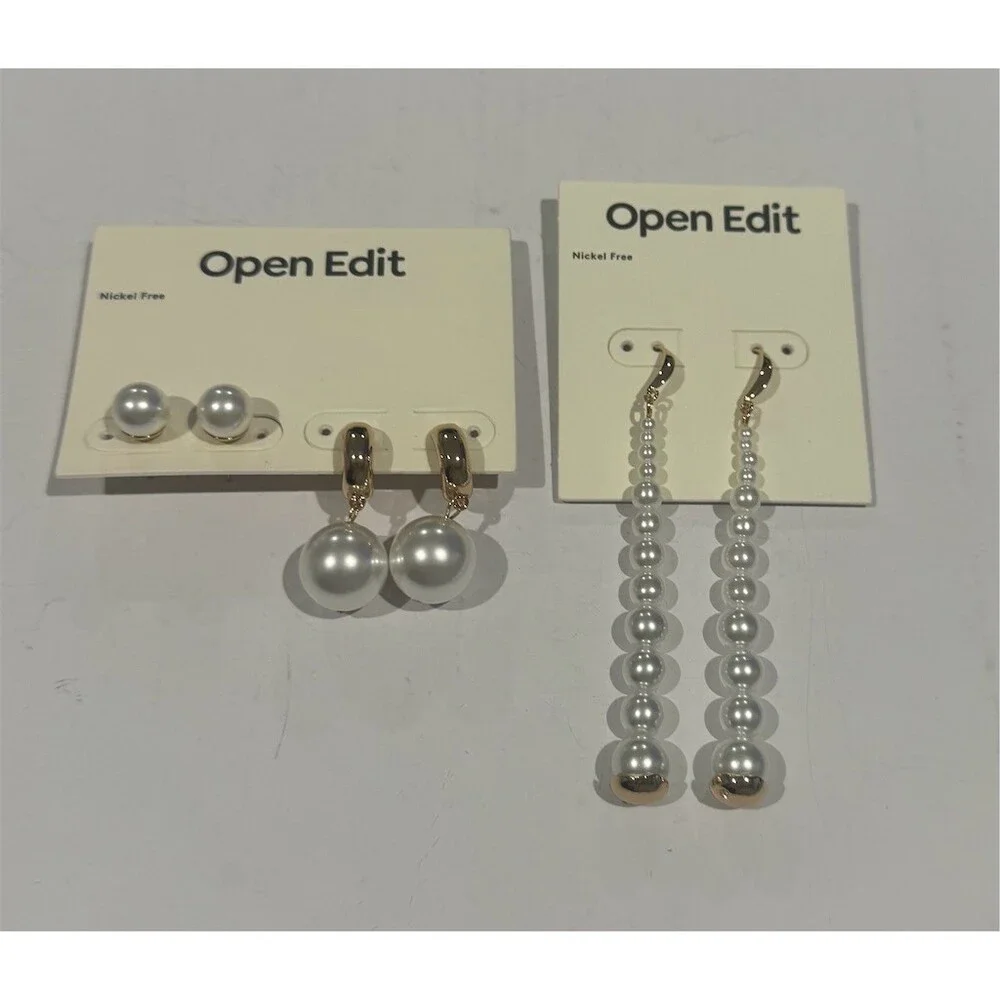 Open Edit Pearl Earrings Lot 3 Pairs White Gold Tone Stud & Drop Dangle cute set